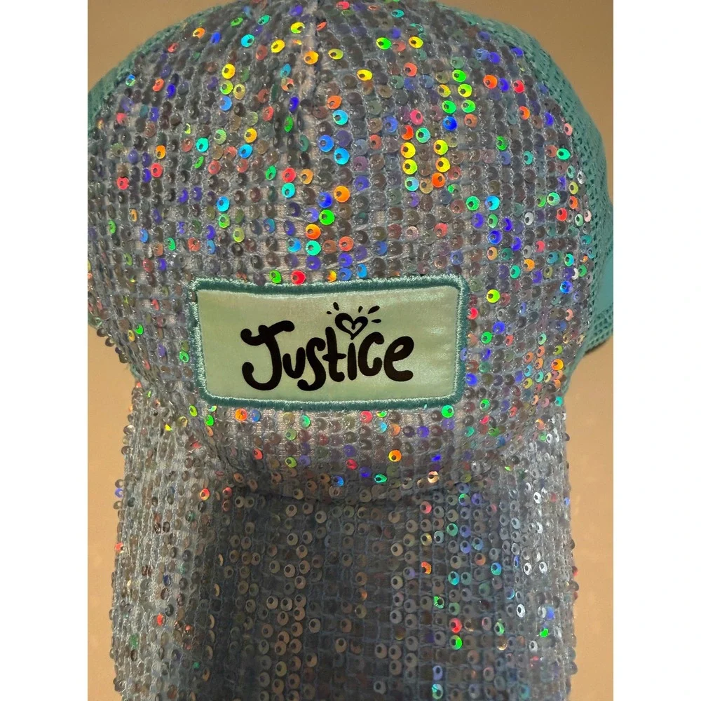 Justice Girls Teal Iridescent Sequin Trucker Hat Mesh Snapback Baseball Cap